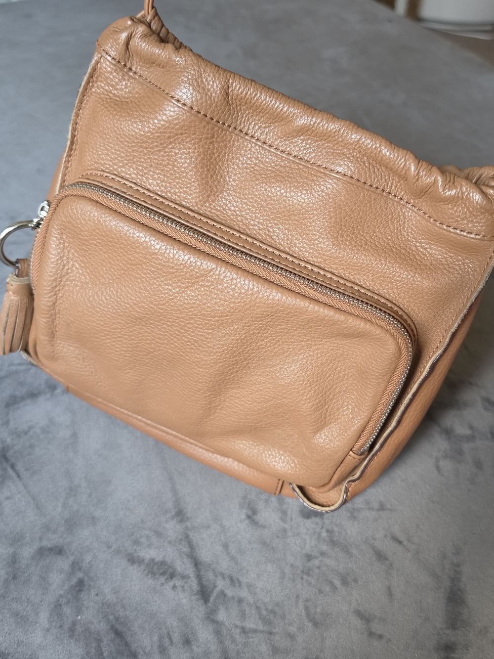 Sanctuary Tan Pebbled Leather Crossbody with Front Zip Pocket